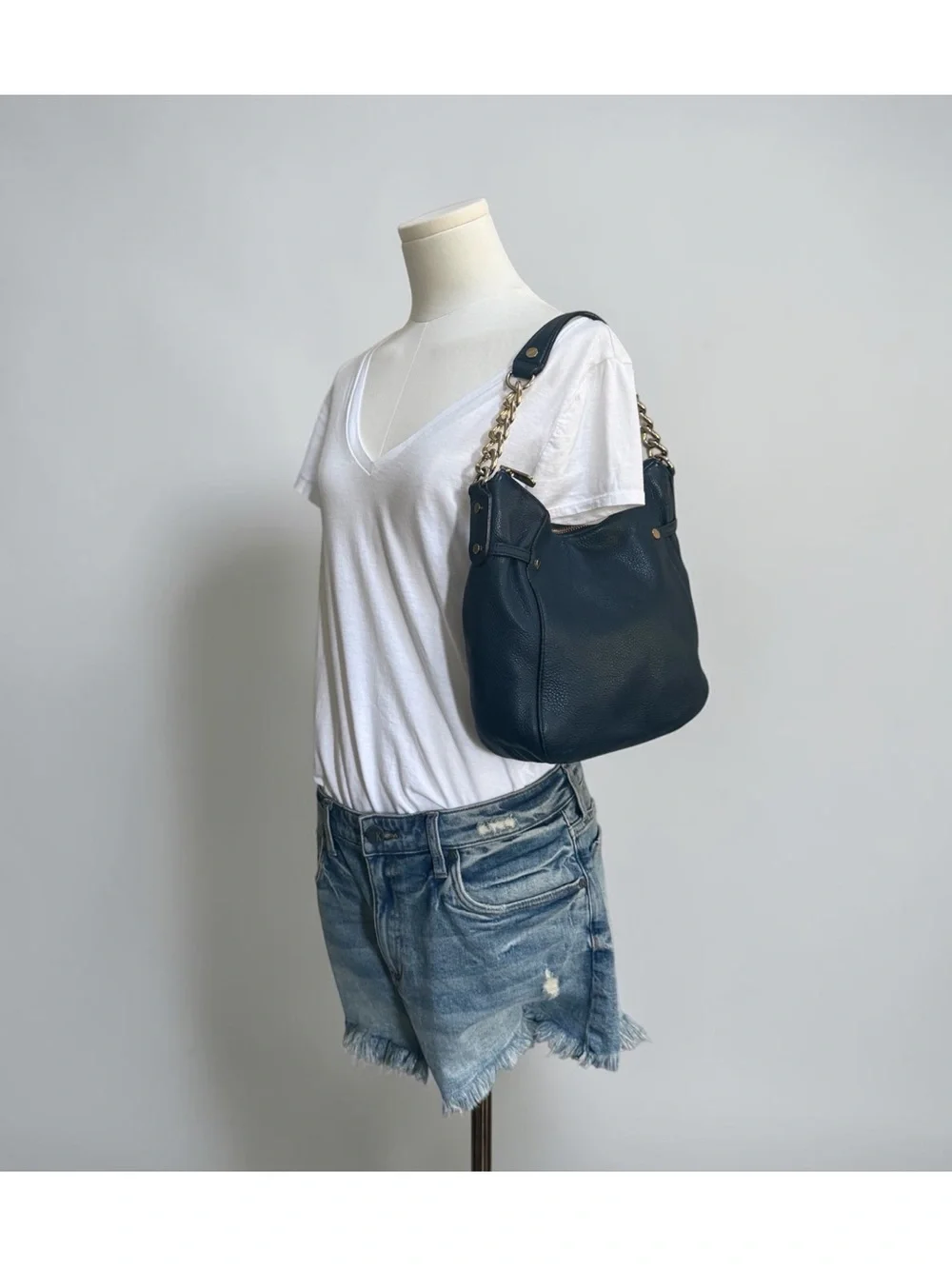 Michael Kors Blue Pebbled Leather Hobo Shoulder Crossbody with Gold Chain Accent